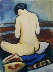 August Macke: Nudo seduto tra i cuscini, anno 1911, olio su cartone, 54 x 41 cm., Stiftung Wilhelm-Lembruck-Museum, Zentrum Internationaler Skulptur, Druisburg.